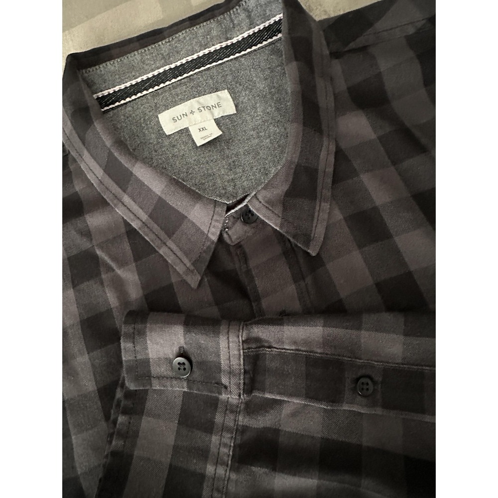 Sun + Stone Shirt Mens 2XL Black Gray Plaid Long Sleeve Button Down‎ Casual